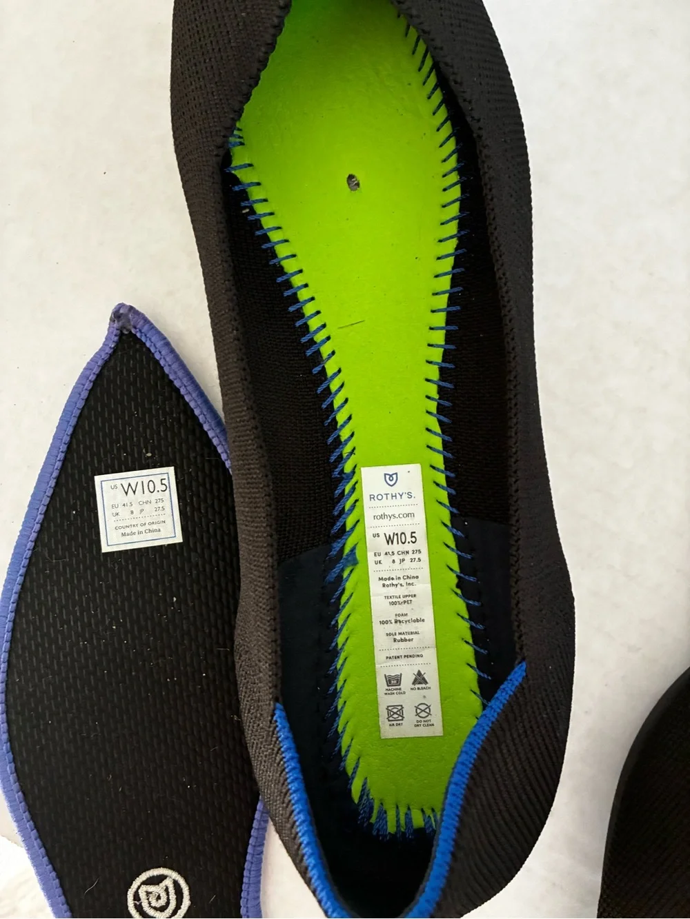 Rothy's The Point Ballet Flats Pointed Toe Black Washable Womens Size 10.5W